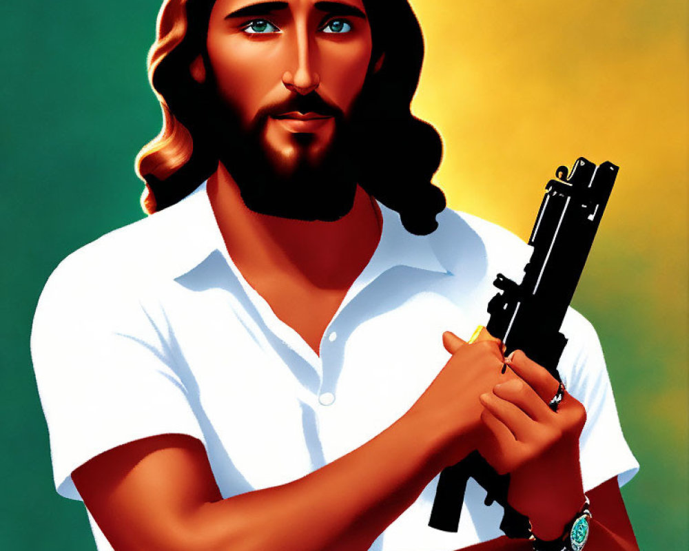Man with Long Hair and Beard Holding Gun on Tri-Color Gradient Background