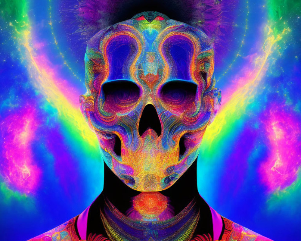 Colorful psychedelic skull with intricate patterns on nebula background
