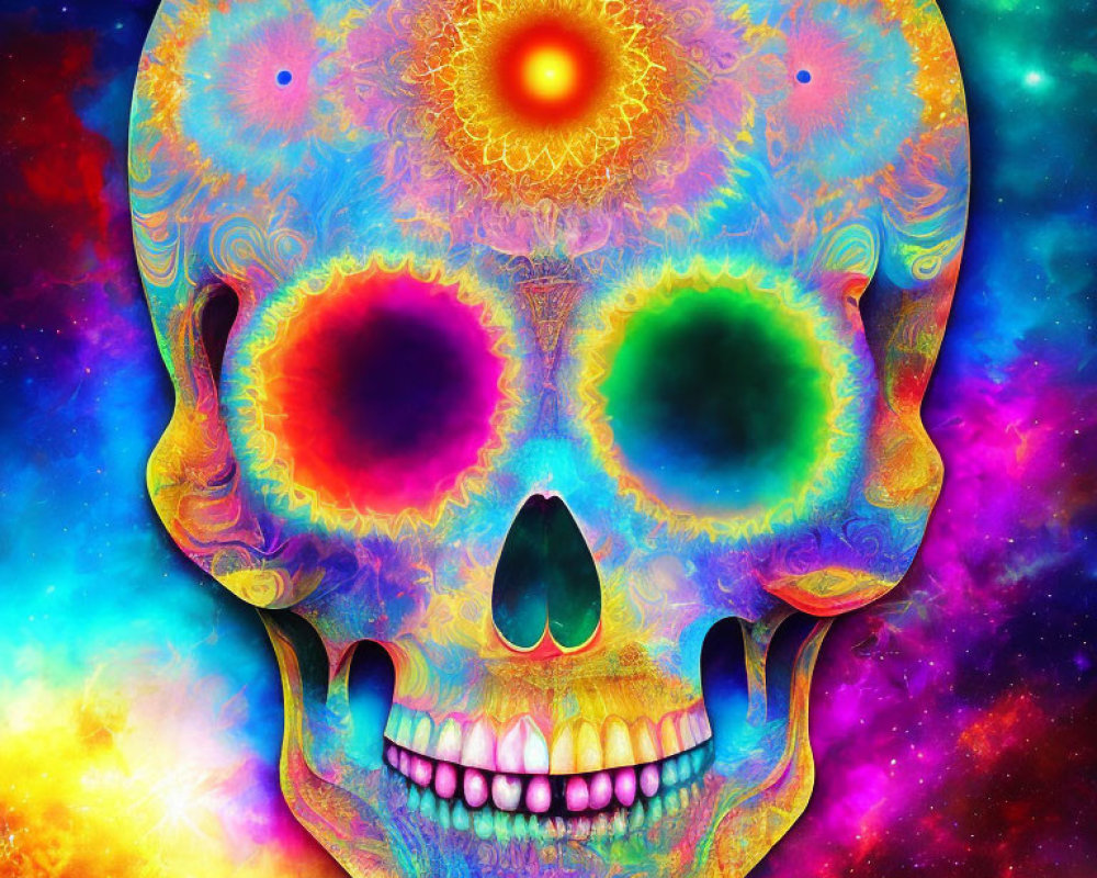 Colorful Psychedelic Skull Artwork with Fractal Patterns and Celestial Background