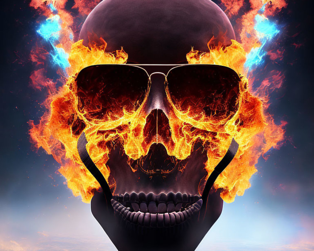 Skull with Flaming Wings and Sunglasses on Blue Cloudy Sky