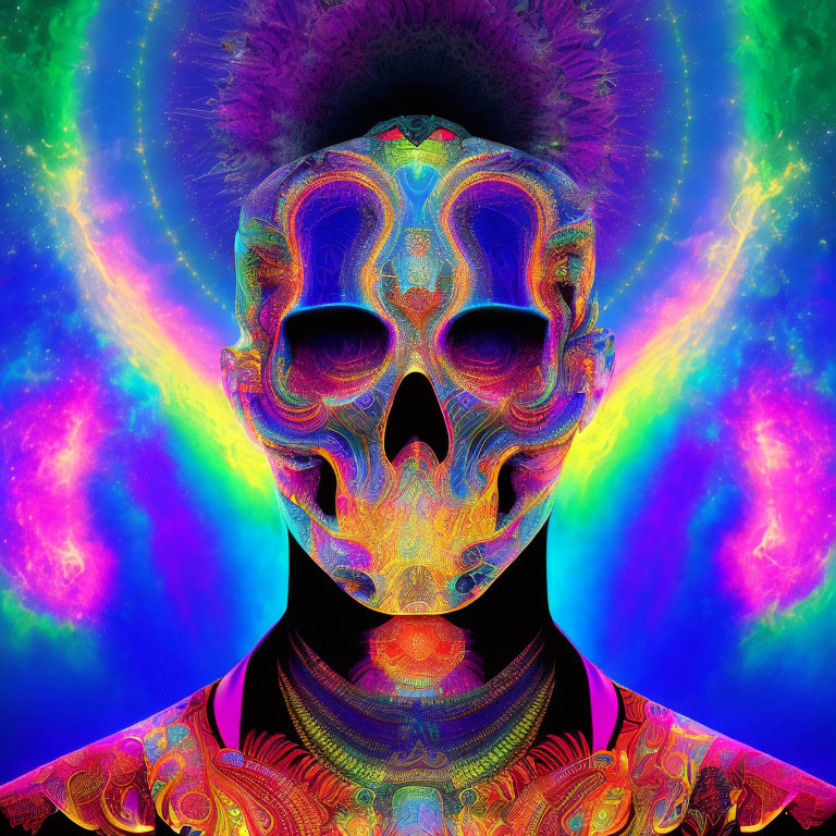 Colorful psychedelic skull with intricate patterns on nebula background