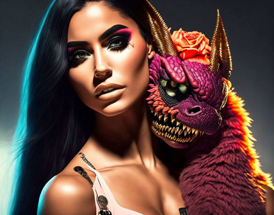Blue-haired woman with striking makeup beside red dragon with yellow eyes and sharp horns