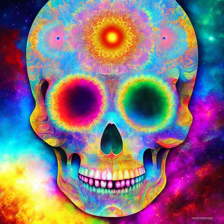Colorful Psychedelic Skull Artwork with Fractal Patterns and Celestial Background