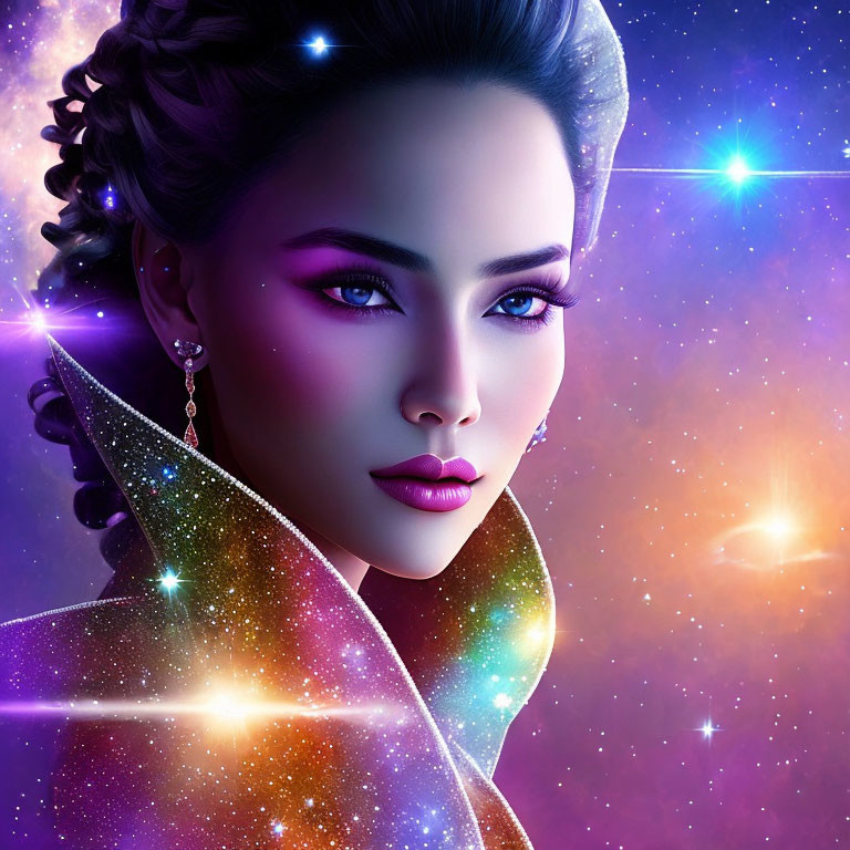 Digital illustration: Woman with cosmic theme, cloak reveals starry galaxy on purple space backdrop