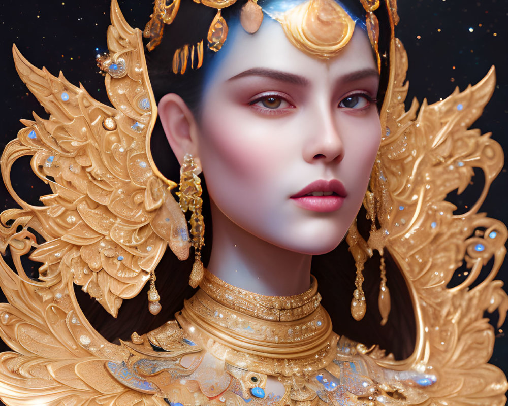 Regal Woman with Celestial Motifs and Gold Jewelry