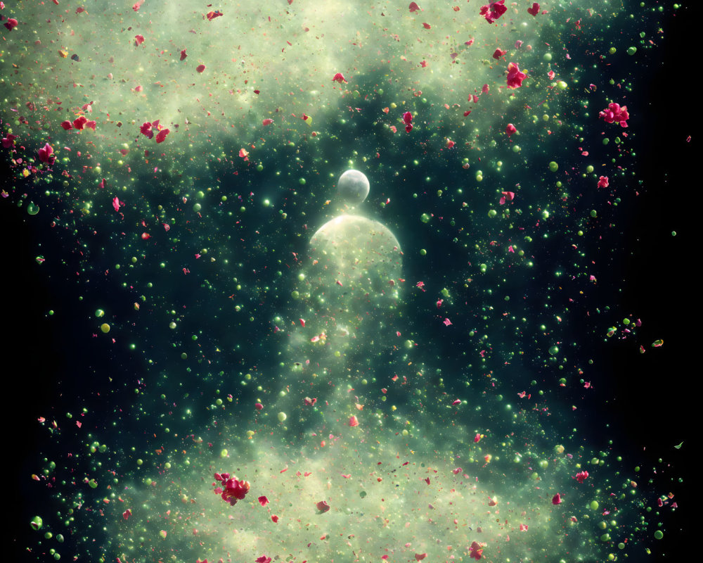Surreal cosmic scene with lone figure in bubble surrounded by red flowers
