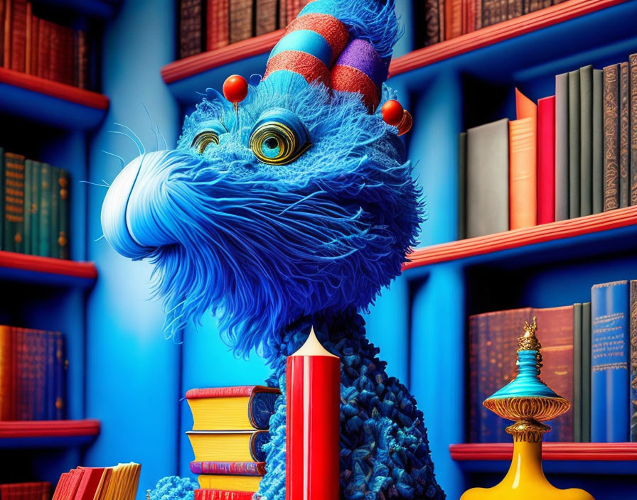 Blue creature with bushy mustache in library surrounded by colorful books