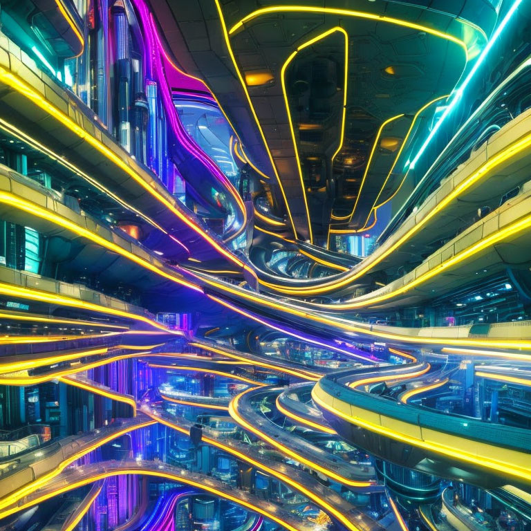 Futuristic city infrastructure: neon lights, elevated roads, interconnected highways