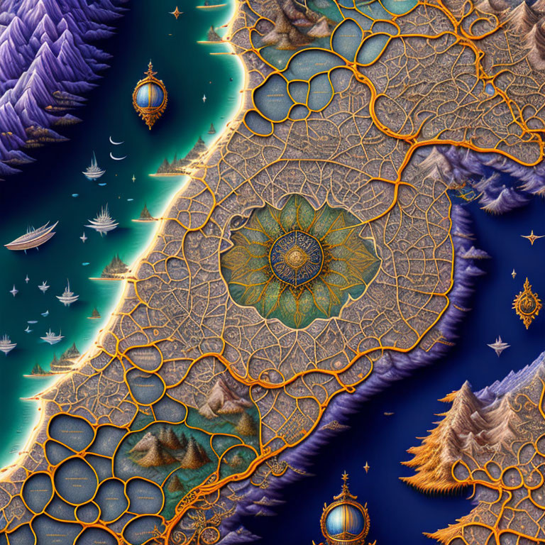 Detailed Fantasy Map Illustration with Blue Oceans, Compass Designs, Coastlines, Mountains, Rivers,