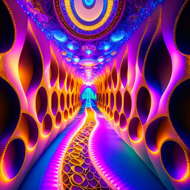 Colorful Psychedelic Tunnel with Neon Lights and Circular Opening