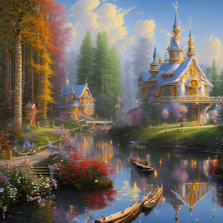 Gilded castle in lush forest with serene river and vibrant flowers