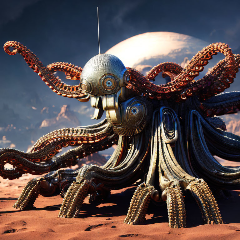 Mechanical octopus art in desert landscape with moon