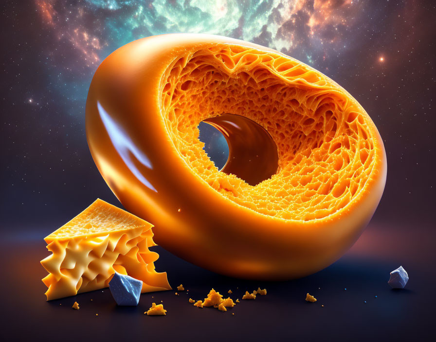 Surreal torus-shaped object resembling porous cheese in space.