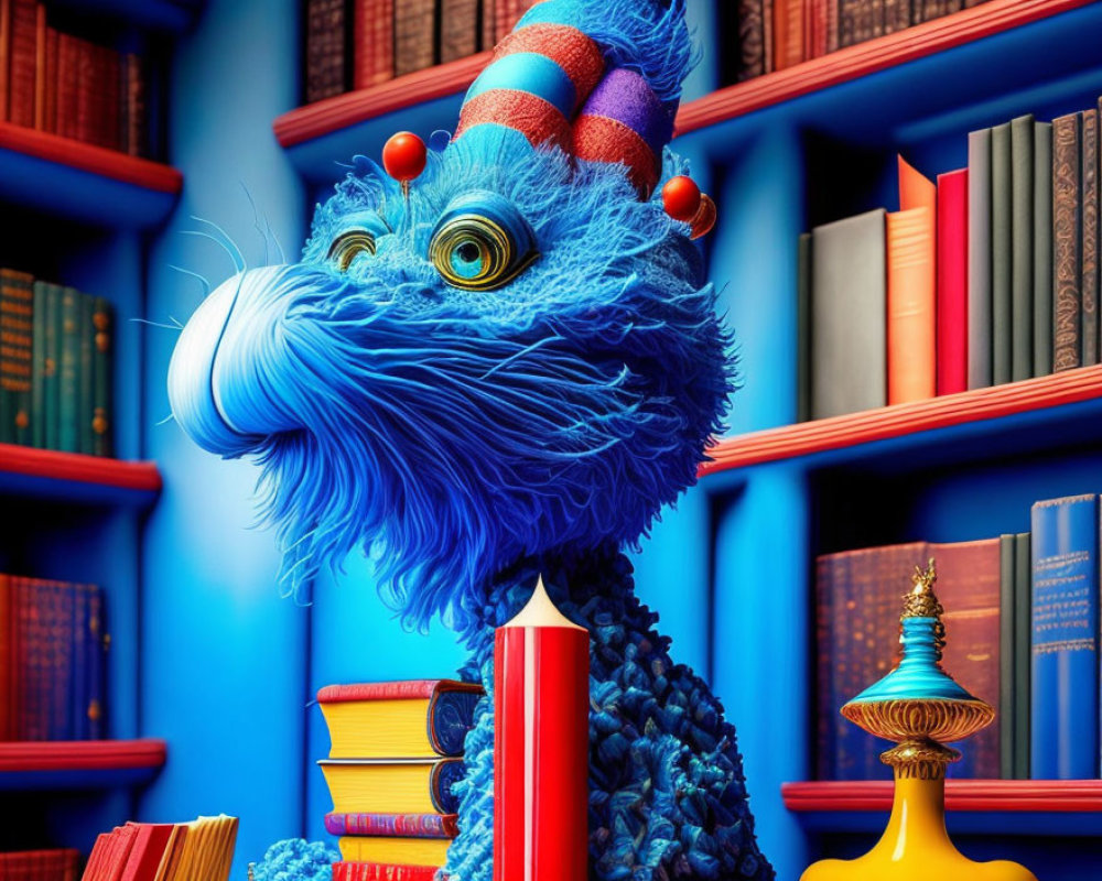 Blue creature with bushy mustache in library surrounded by colorful books