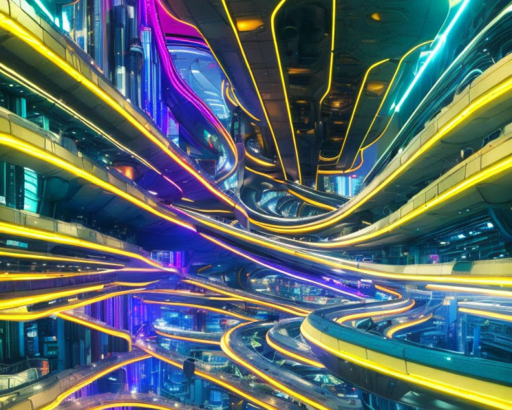 Futuristic city infrastructure: neon lights, elevated roads, interconnected highways