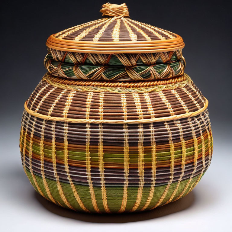 Colorful Woven Basket with Intricate Green, Orange, and White Patterns
