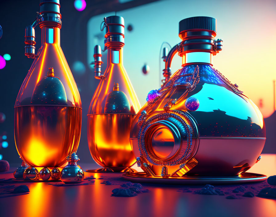 Glowing futuristic potion bottles in whimsical laboratory