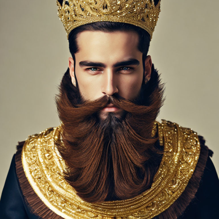Regal man with full beard and crown in ornate garments