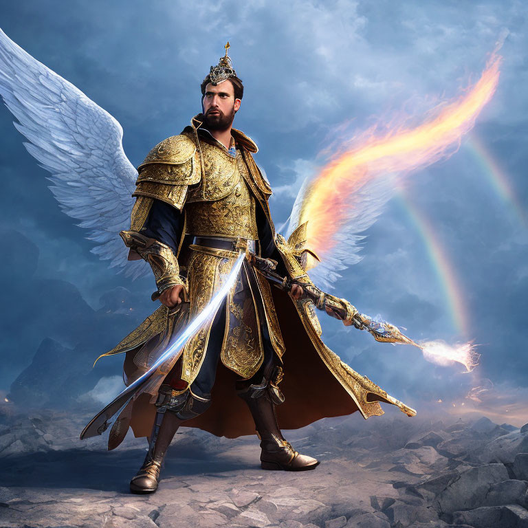 Golden-armored figure with white wings holding a sword on rocky terrain with a rainbow.