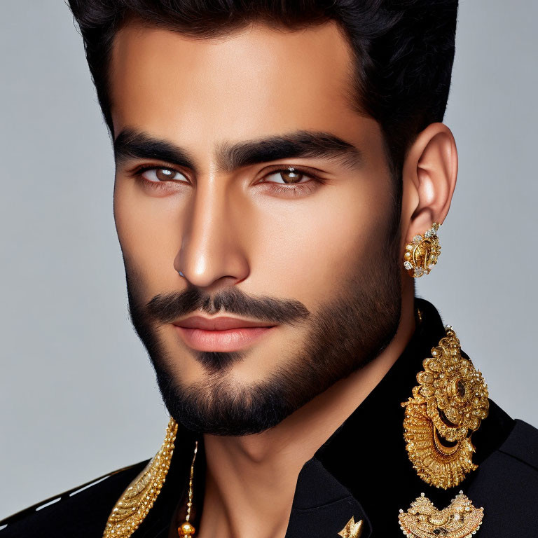 Man with Beard and Stylish Hair in Ornate Jewelry on Dark Outfit