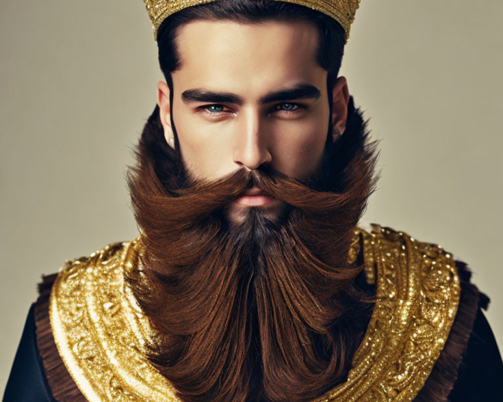 Regal man with full beard and crown in ornate garments