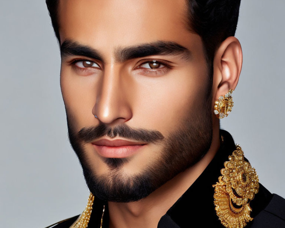 Man with Beard and Stylish Hair in Ornate Jewelry on Dark Outfit