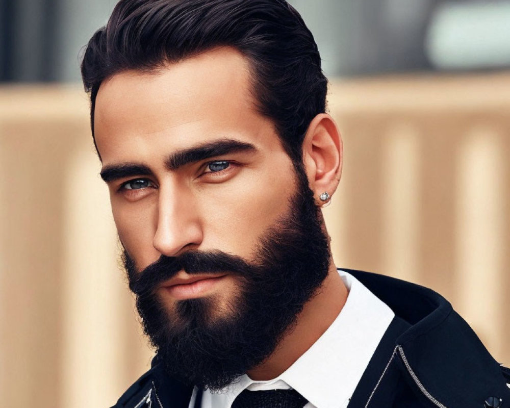 Stylish man with thick beard and earring in dark coat