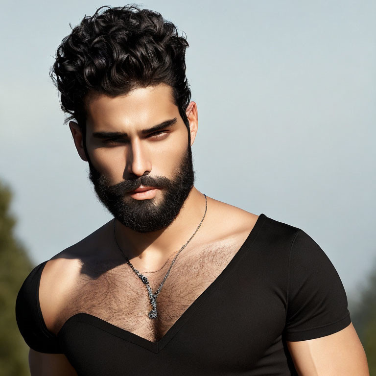 Curly Haired Man in Black V-Neck Shirt and Beard Portrait
