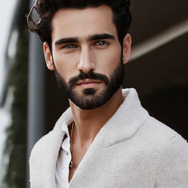 Dark-Haired Man with Full Beard in White Shirt and Off-White Jacket