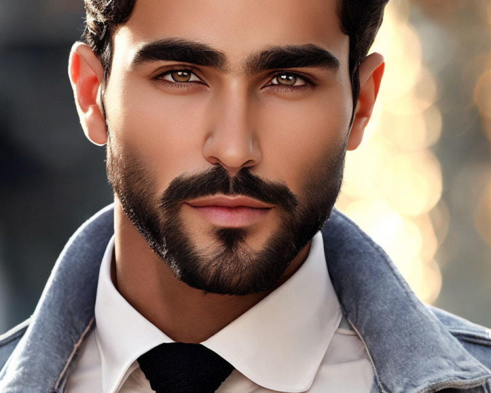 Man with thick eyebrows, groomed beard, intense eyes, shirt and tie, backlit bokeh
