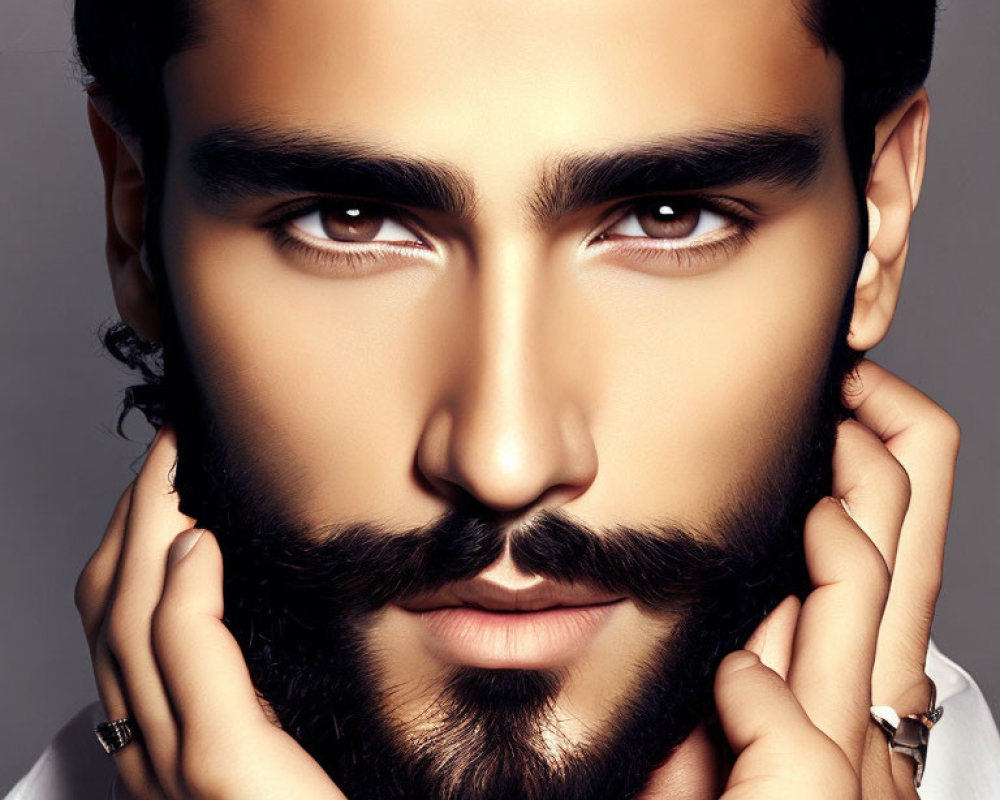 Styled man with beard and intense gaze, touching face, wearing ring