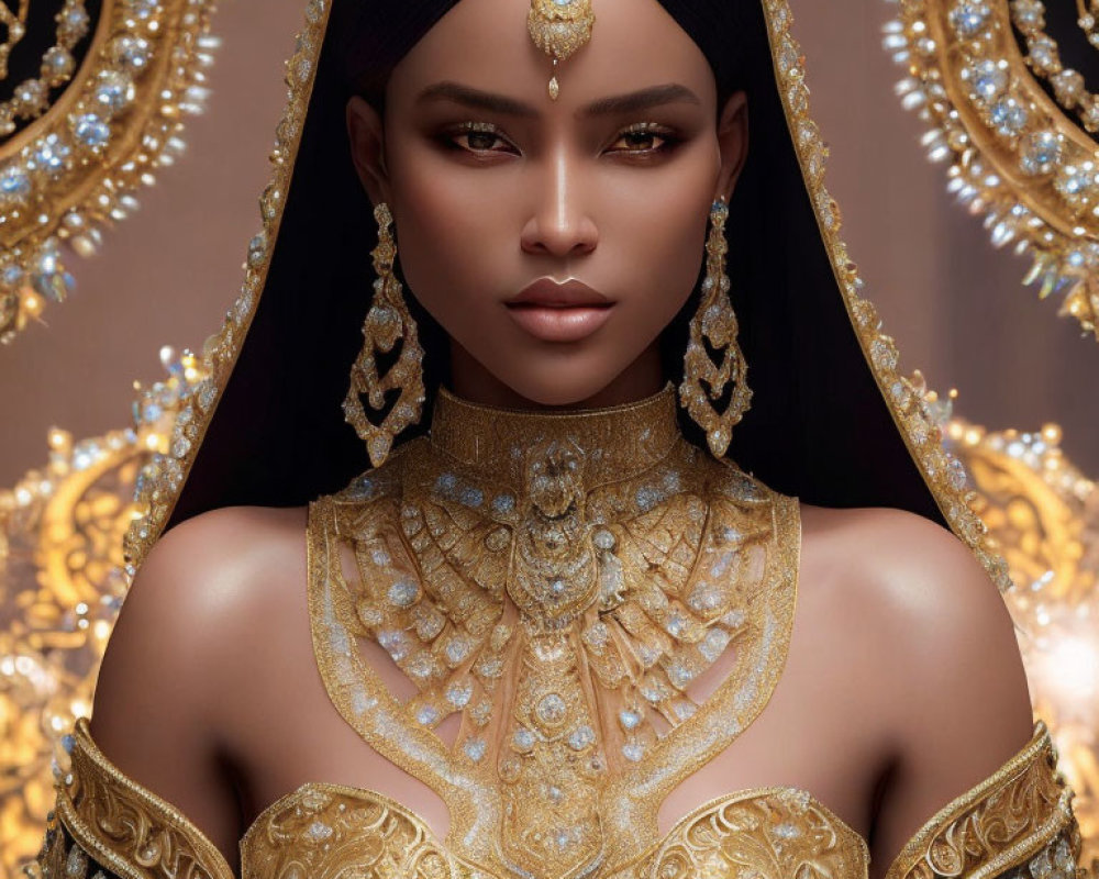Regal woman portrait with golden jewelry and chandeliers