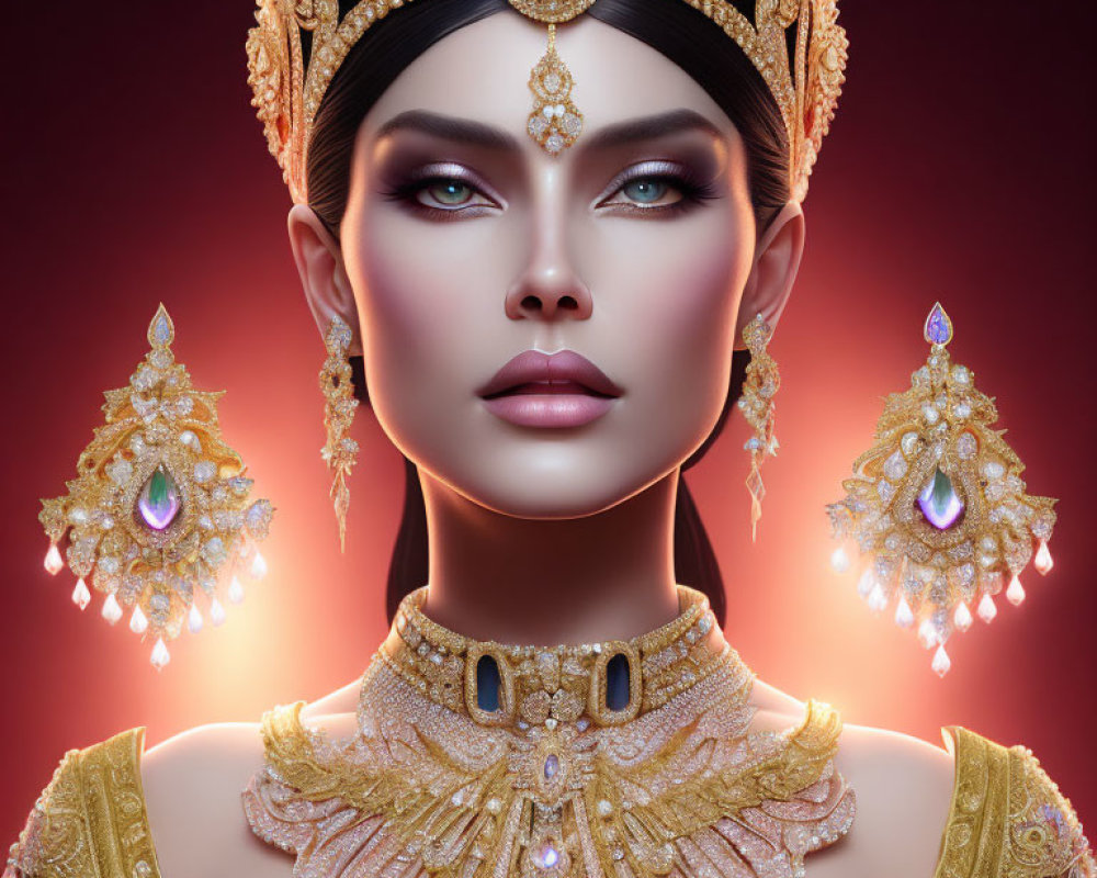 Intricate Gold Jewelry on Regal Woman Against Warm Background