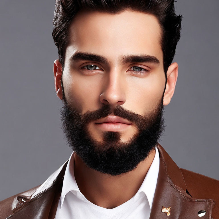 Man with Full Beard and Styled Hair in White Shirt and Leather Jacket Gazes at Camera