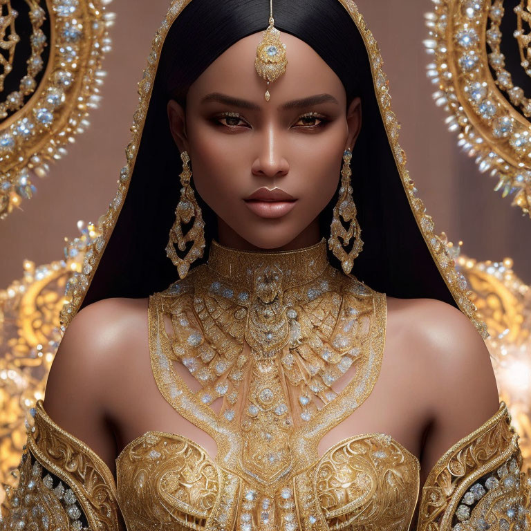Regal woman portrait with golden jewelry and chandeliers