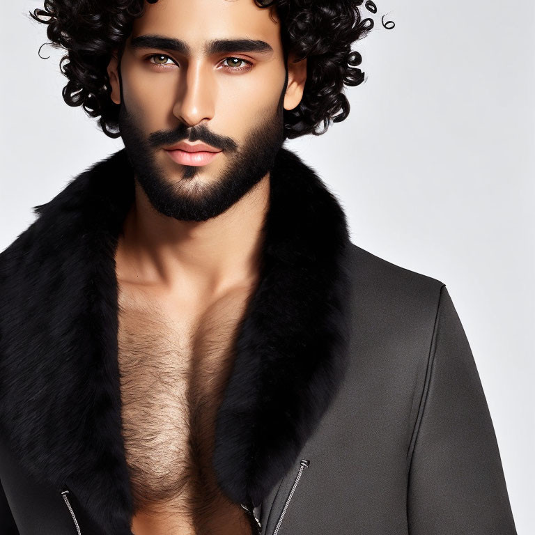 Curly-Haired Man in Fur-Collared Jacket with Beard