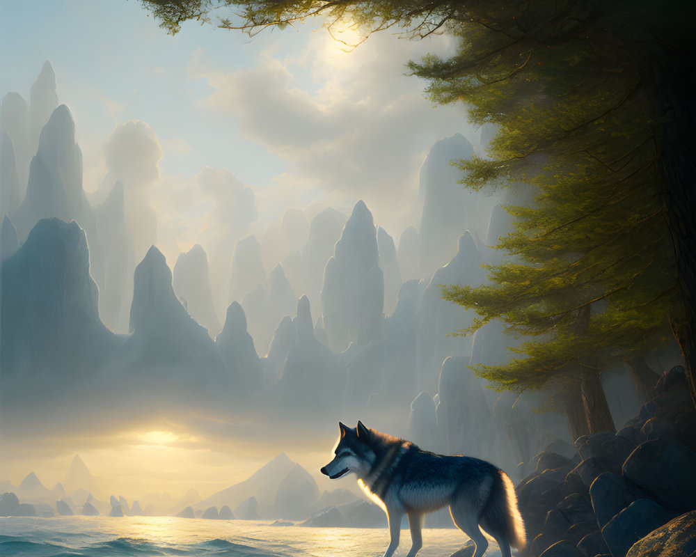 Solitary wolf on rocky shore gazes at misty sea and sunlit mountains.
