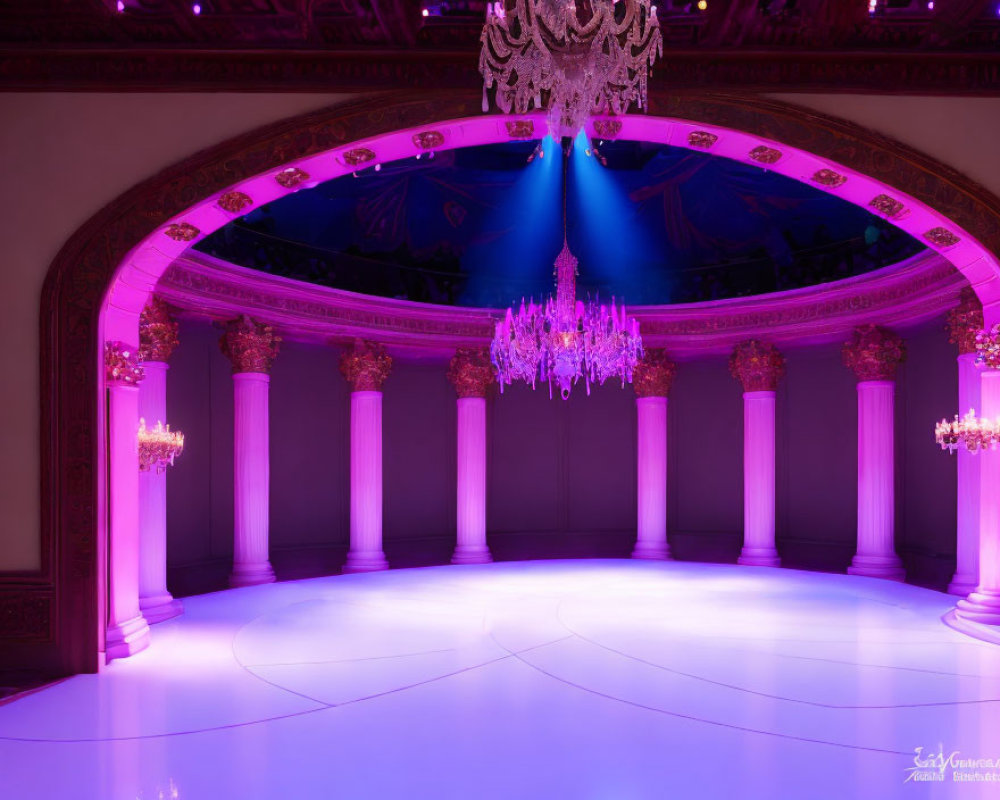 Sophisticated event hall with purple lighting, white columns, chandelier, and vaulted archway