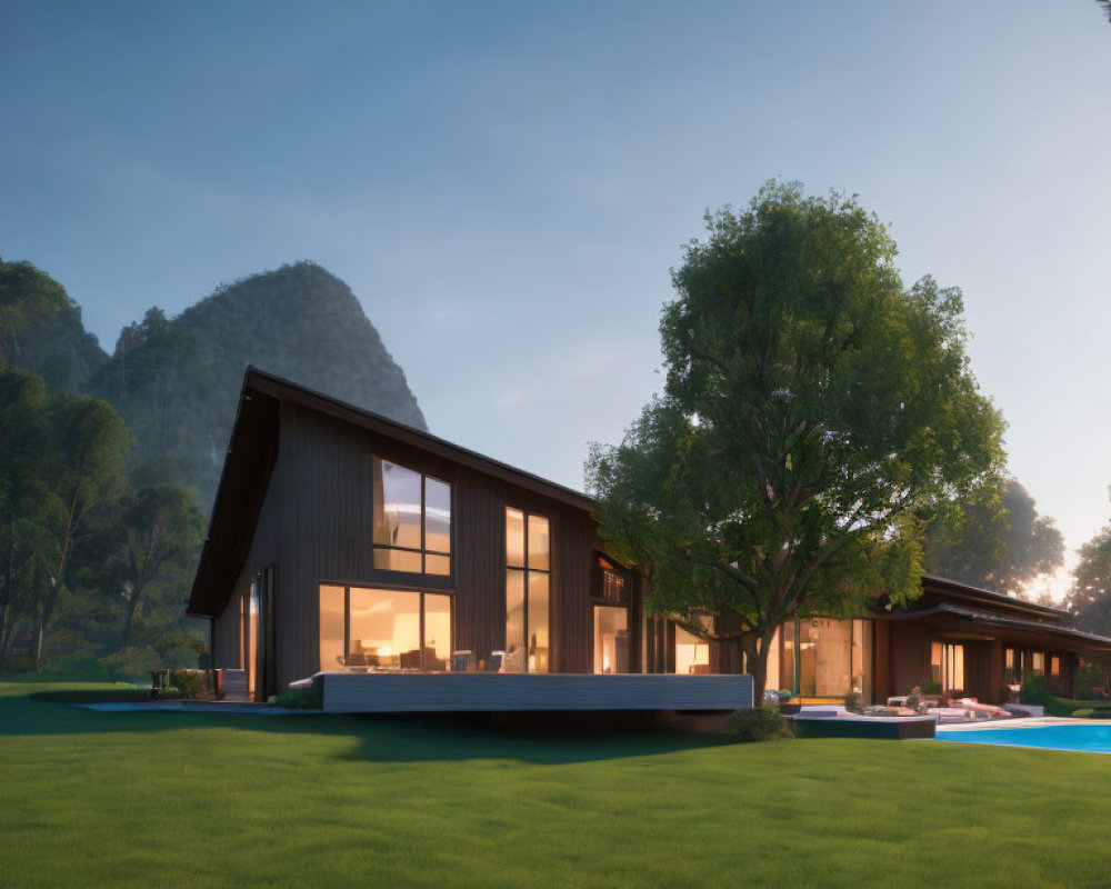 Contemporary House with Large Windows, Green Lawn, and Mountain View