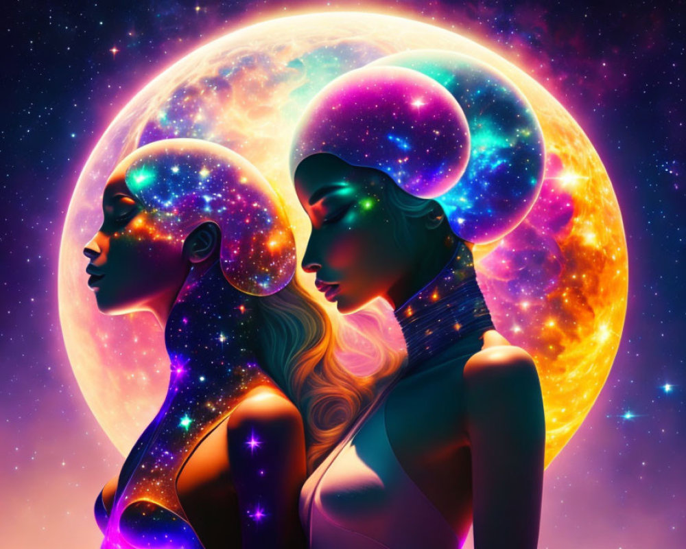 Vibrant stylized figures with cosmic features on glowing planet backdrop