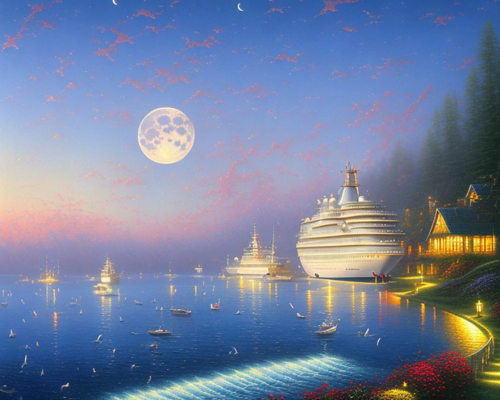 Twilight scene with cruise ships, cottage, moonlit sky, stars
