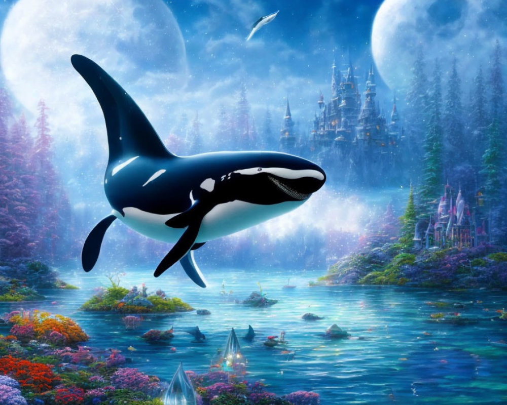 Orca Whale in Vibrant Fantasy Landscape with Castle and Moonlit Sky