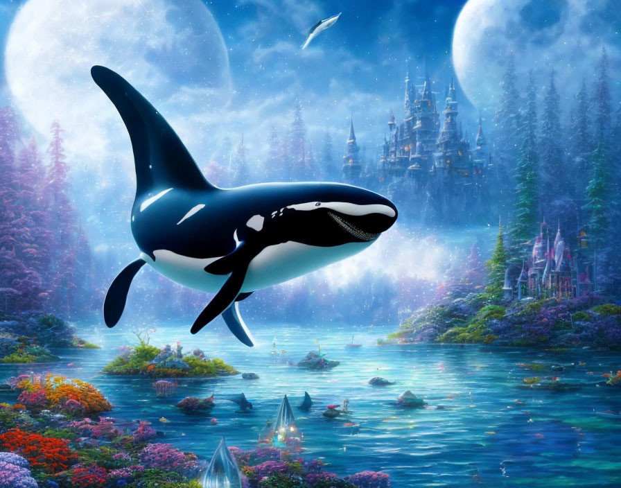 Orca Whale in Vibrant Fantasy Landscape with Castle and Moonlit Sky