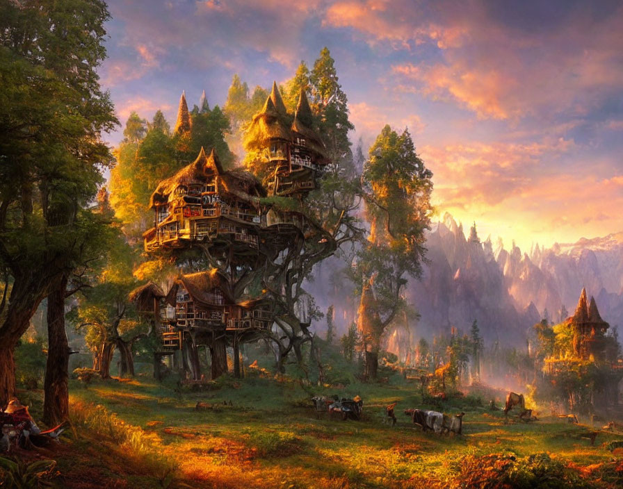 Majestic treehouse in serene fantasy landscape