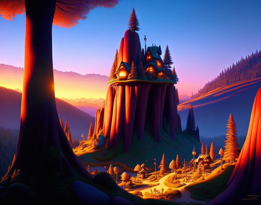 Animated landscape with castle on tall hill at twilight