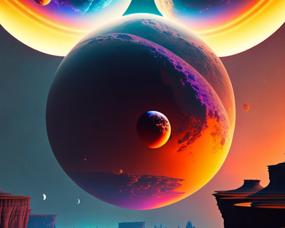 Colorful cosmic scene with purple planet and celestial bodies