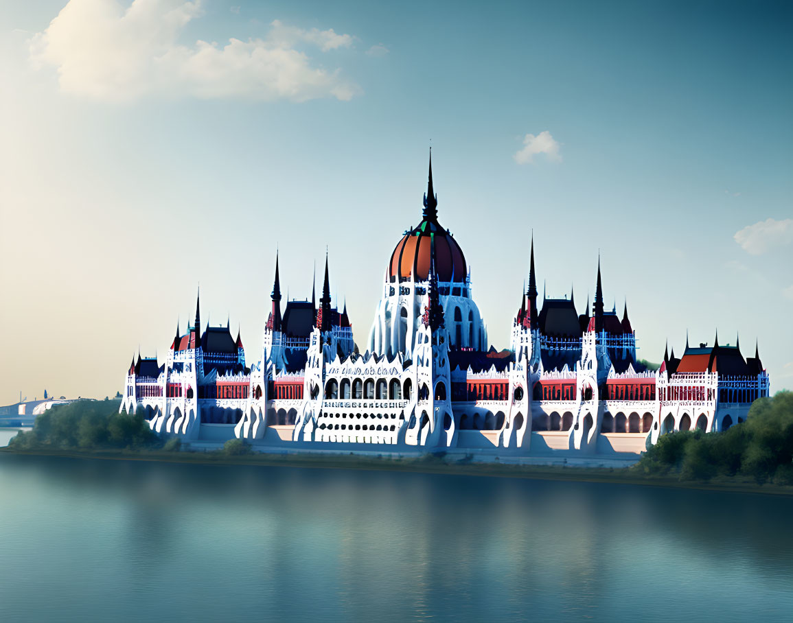 Majestic fairytale castle with spires and dome reflected in water