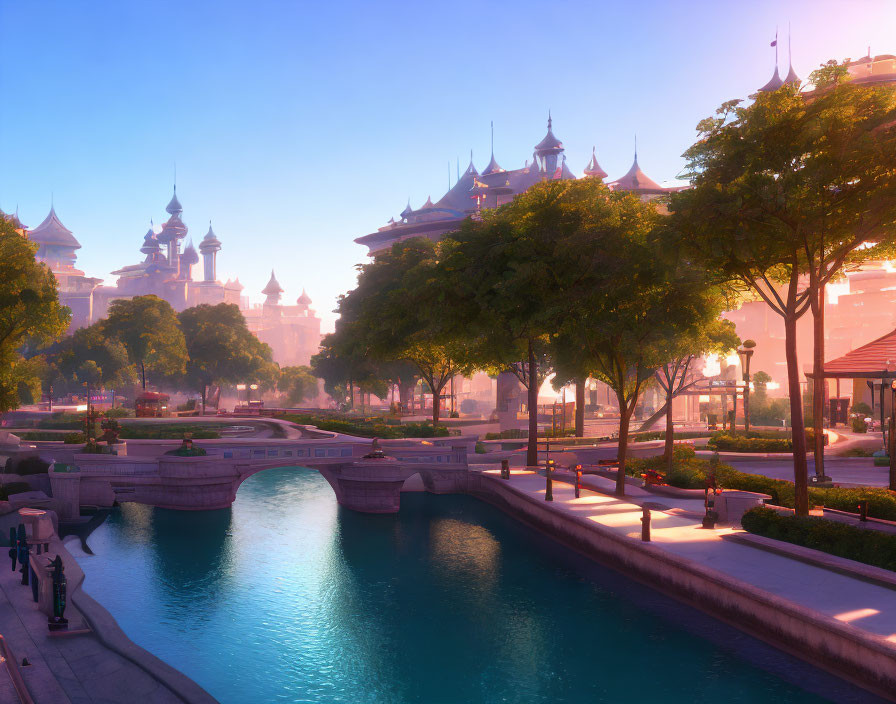 Fantasy cityscape at sunrise with canal, trees, and castle-like buildings