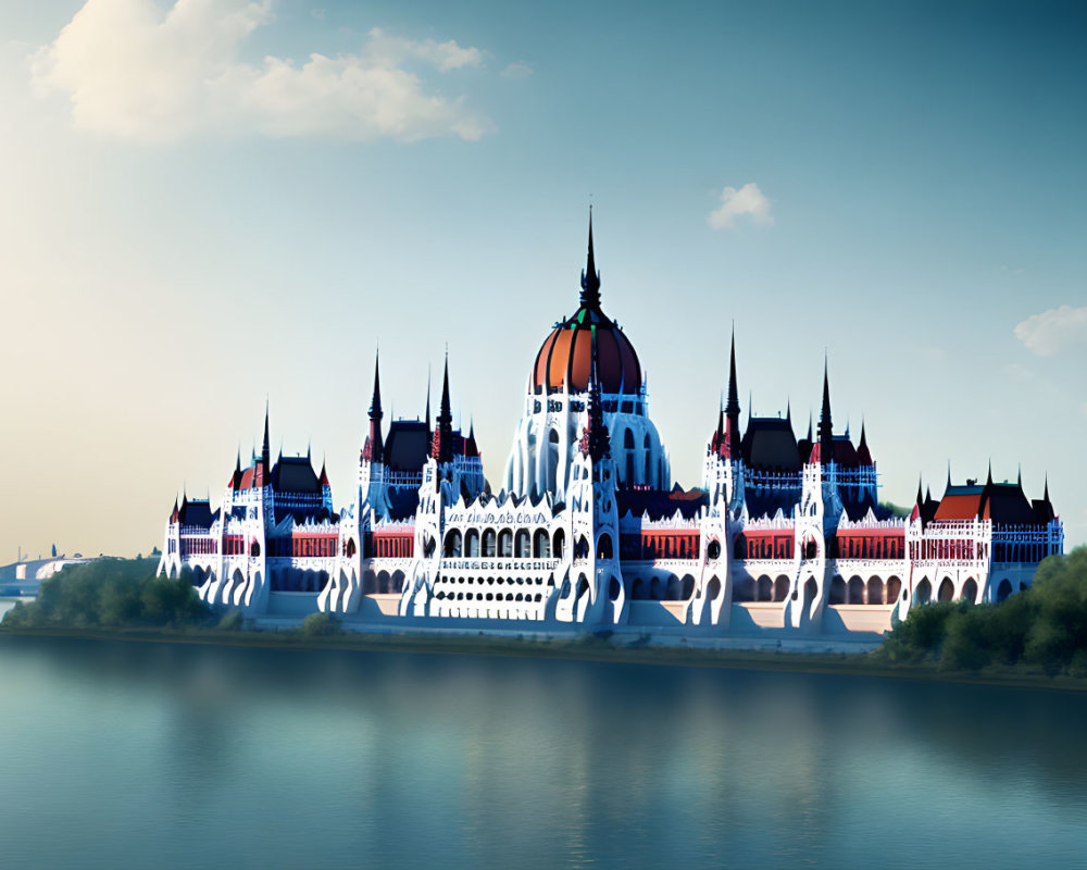 Majestic fairytale castle with spires and dome reflected in water