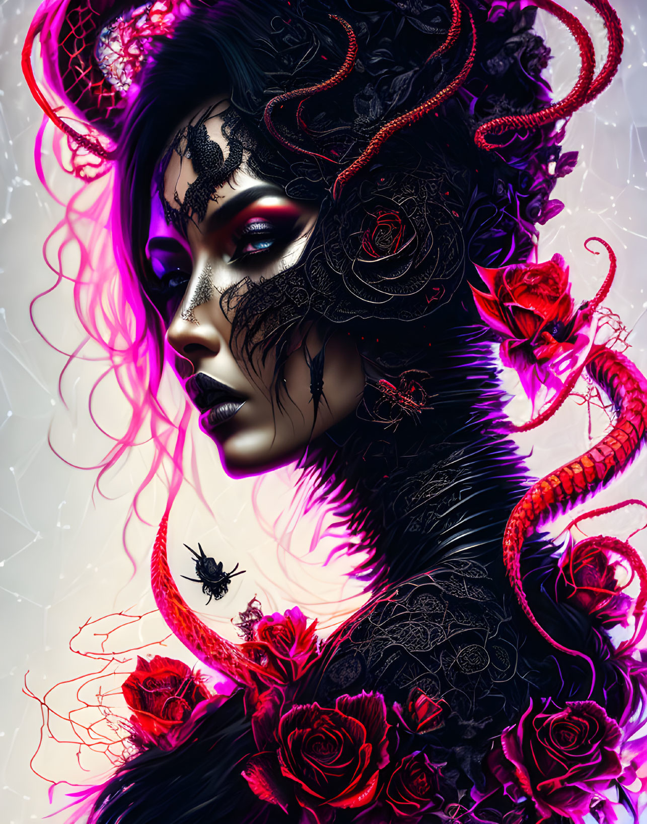 Detailed gothic woman illustration with roses, headdress, and serpentine creatures.